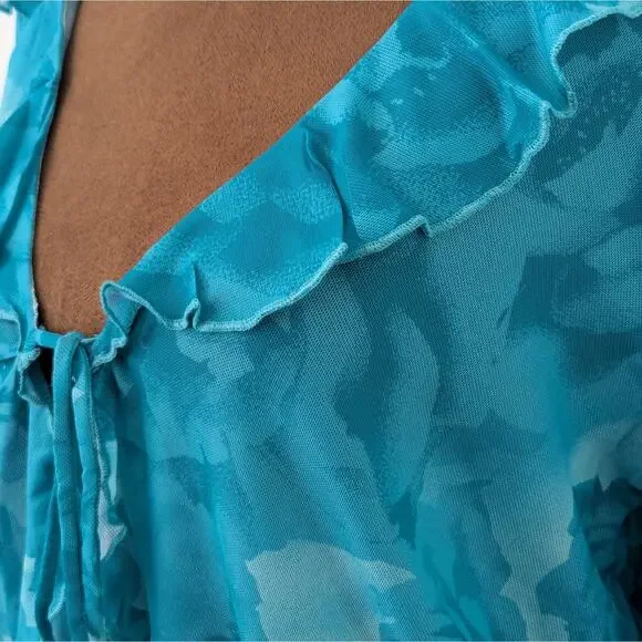 NWT Something New X Cenit Nadir Aqua Sheer Rose Detail Tie Front Ruffle Top Sz M - Picture 4 of 7